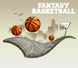 Basketball court with three basketballs, and one basketball hoop with backboard. In the behind are buildings, and a four birds, with the words fantasy basketball written in the top right corner of the picture.