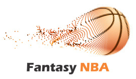 Stylized basketball with an orange and black dots, on the white background. Words Fantasy NBA are written at the bottom of the picture, in a black and orange color.