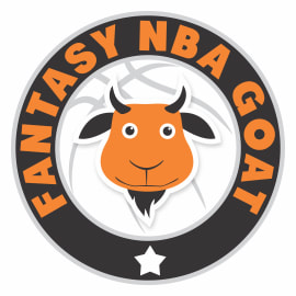 Fantasy NBA GOAT logo in a circle with an image of orange and black goat, and white basketball with grey outline, surrounded with orange letters, and with white star at the bottom.